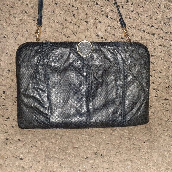 Vintage BALLY CANADA-Navy Blue Snakeskin Convertible Clutch/Shoulder-Near Mint - Picture 2 of 8